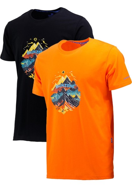 Erkek Mevsimlik Göğüs Baskılı Standart Fit Turuncu Siyah 2'li Set T-Shirt
