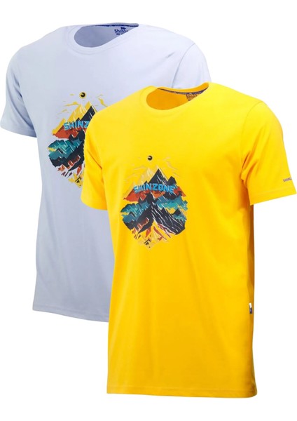 Erkek Bisiklet Yaka Mevsimlik Göğüs Baskılı Sarı Mavi 2'li Set T-Shirt