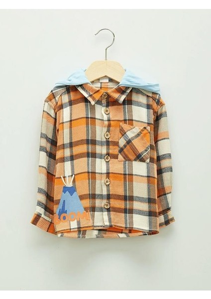 Kapüşonlu Uzun Kollu Ekose Desenli Gabardin Erkek Bebek Gömlek
