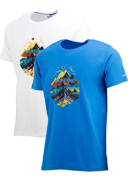 Erkek Mevsimlik Göğüs Baskılı Standart Fit Mavi Beyaz 2'li Set T-Shirt