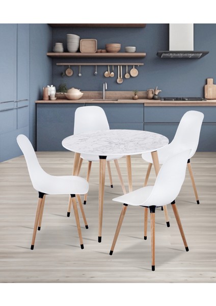 Truva Yuvarlak 90 cm Salon/mutfak Masası Takımı Ahşap Ayaklı Beyaz Mermer Desen Masa, 4 Adet Abant Ahşap Ayaklı Sandalye Beyaz