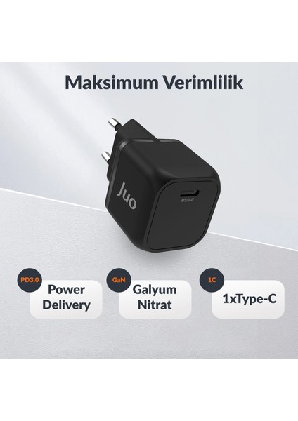 20W Gan Usb-C Şarj Aleti iPhone & iPad & Android Uyumlu Pd Qc4.0 Type-C Hızlı Şarj Cihazı Siyah