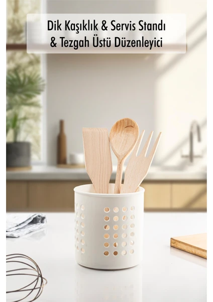 EW's Kitchenware Beyaz Silindir Dik Kaşıklık &  Tezgah Üstü Düzenleyici & Servis Standı