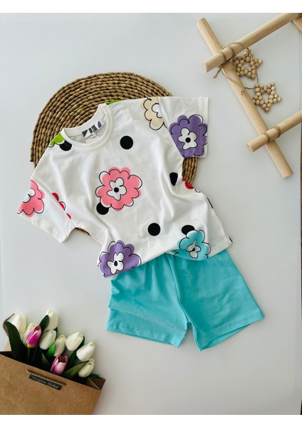 Minigimin Cicileri Çiçek Desenli Puanlı Şortlu Kız Çocuk 2 li takım - Turkuaz