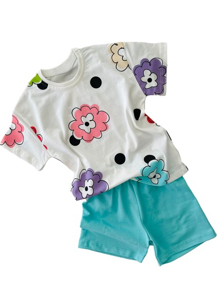Minigimin Cicileri Çiçek Desenli Puanlı Şortlu Kız Çocuk 2 li takım - Turkuaz fiyatları