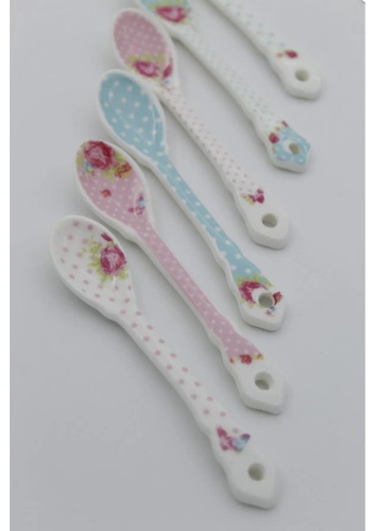 6'lı Porselen Çay Kaşık Set 11cm Çiçekli Beyaz Mavi Pembe Yeşil Dekoratif Hediyelik Şık Klasik