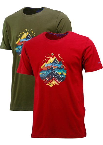 Erkek Mevsimlik Göğüs Baskılı Standart Fit Bordo Haki 2'li Set T-Shirt