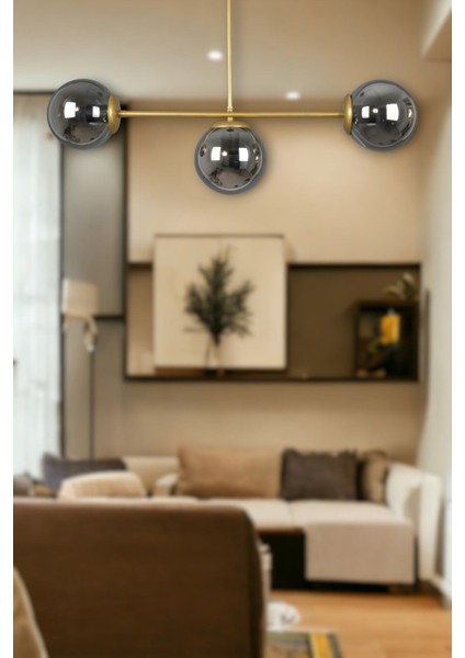 Fer Avize Neron Özel Tasarım Eskitme Renk Globe Füme Camlı Salon - Mutfak - Yatak Odası 3'lü Avize