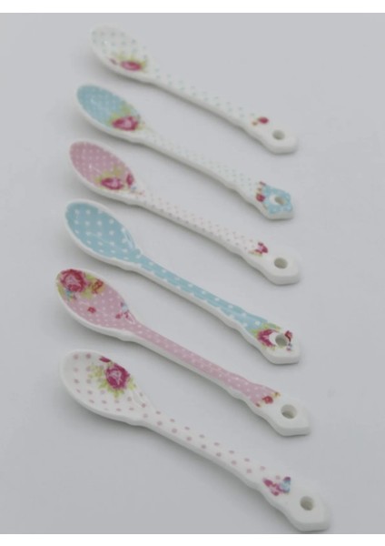 6'lı Porselen Çay Kaşık Set 11cm Çiçekli Beyaz Mavi Pembe Yeşil Dekoratif Hediyelik Şık Klasik