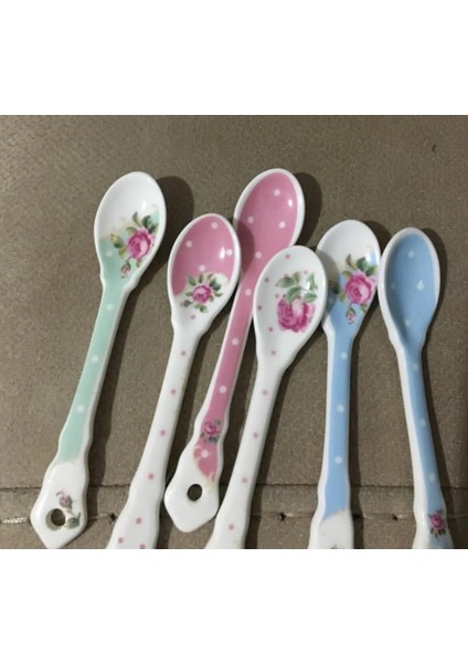 6'lı Porselen Çay Kaşık Set 11cm Çiçekli Beyaz Mavi Pembe Yeşil Dekoratif Hediyelik Şık Klasik