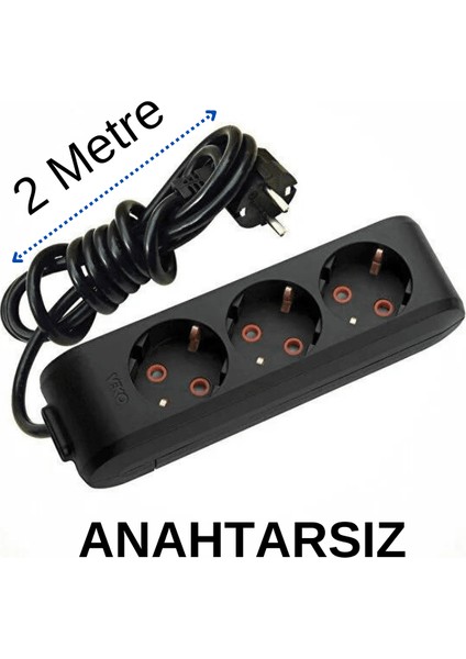 3'lü Üçlü Priz Topraklı Kablolu Siyah 2 (İki) Metre