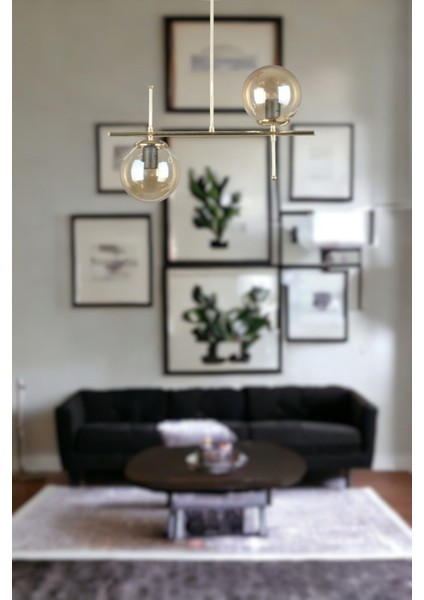 Çello Modern Tasarım - Metal Gold Renk Bal Camlı Yemek Masası Üstü -Salon 2 Li Avize