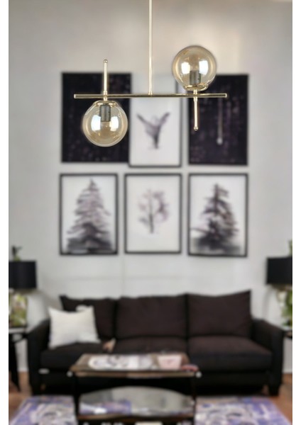 Çello Modern Tasarım - Metal Gold Renk Bal Camlı Yemek Masası Üstü -Salon 2 Li Avize modelleri