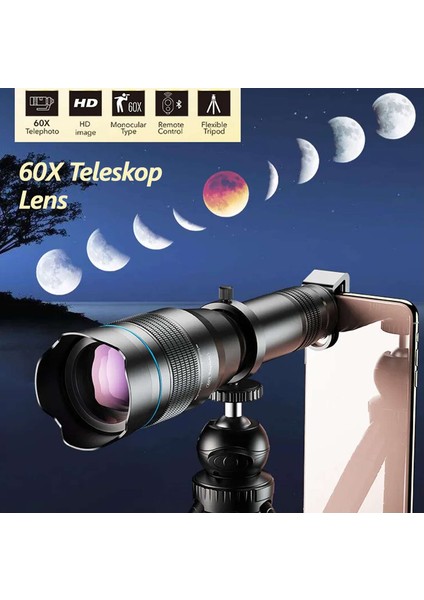 60X Ultra Hd Zoom Monoküler Teleskop Lens- Üstün Görüş Kalitesi! Telefon Klipsi, Çekim Kumandası ve Tripod Hediyeli