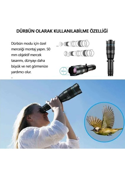 60X Ultra Hd Zoom Monoküler Teleskop Lens- Üstün Görüş Kalitesi! Telefon Klipsi, Çekim Kumandası ve Tripod Hediyeli