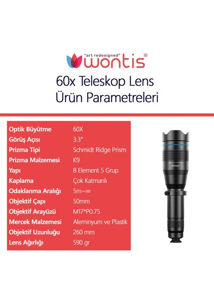 60X Ultra Hd Zoom Monoküler Teleskop Lens- Üstün Görüş Kalitesi! Telefon Klipsi, Çekim Kumandası ve Tripod Hediyeli