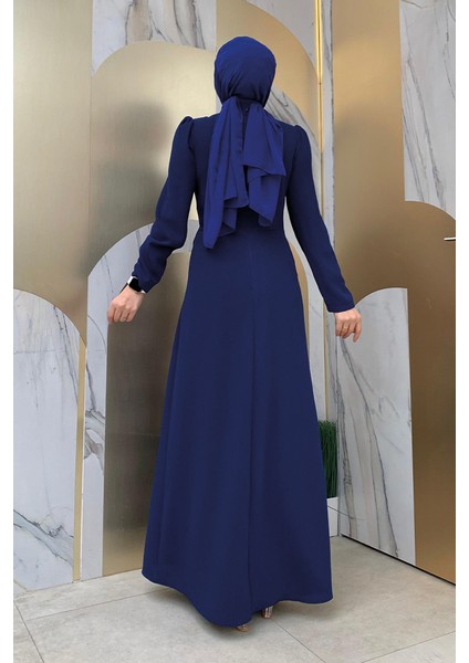 Bel Kısmı Taş Işlemeli Fırfır Görünümlü Elbise Lacivert fiyatları