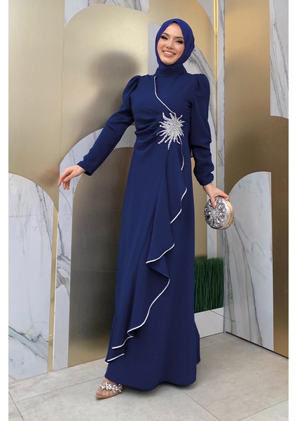 Bel Kısmı Taş Işlemeli Fırfır Görünümlü Elbise Lacivert modelleri