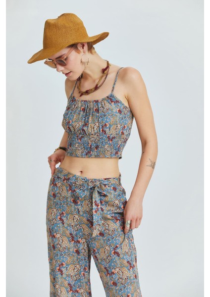 Beli Lastikli Desenli Pantolon Mavi indirimleri