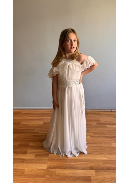 Taşlı Hayal Tül Kız Çocuk Abiye Beyaz