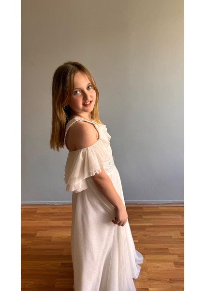 Taşlı Hayal Tül Kız Çocuk Abiye Beyaz fiyatları