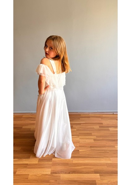 Taşlı Hayal Tül Kız Çocuk Abiye Beyaz modelleri