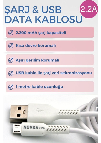 Micro & USB 2.2 A Şarj ve Data Kablosu 1 Metre Beyaz
