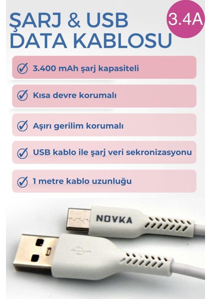 Type-C & USB 3.4 A Şarj Kablosu 1 Metre Beyaz fırsatları