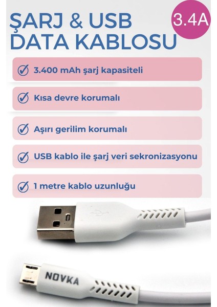 Micro & USB 3.4 A Şarj ve Data Kablosu 1 Metre Beyaz fırsatları