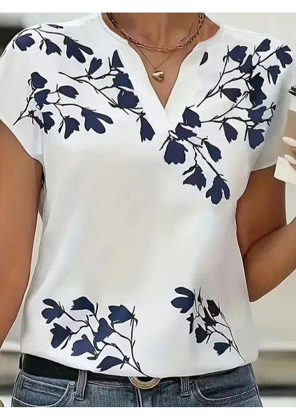 Kadın Kısa Yarasa Kollu Yaprak Desen Jesica Bluz