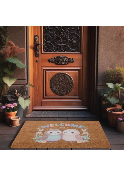 Sevimli Baykuş Çifti Welcome Kapı Önü Paspası 45X70CM