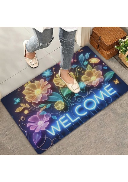 Valerine Life Neon Nilüfer Çiçekleri Welcome Kapı Önü Paspası 45X70CM