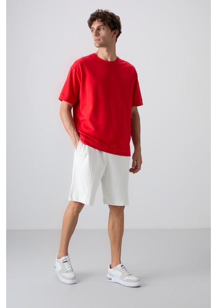 Ekru Pamuklu Kalın Yumuşak Dokulu Comfort Fit Basic Erkek Şort - 81261