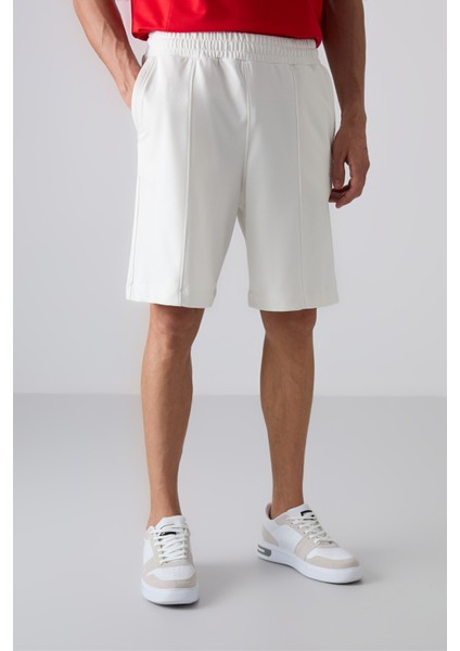 Ekru Pamuklu Kalın Yumuşak Dokulu Comfort Fit Basic Erkek Şort - 81261
