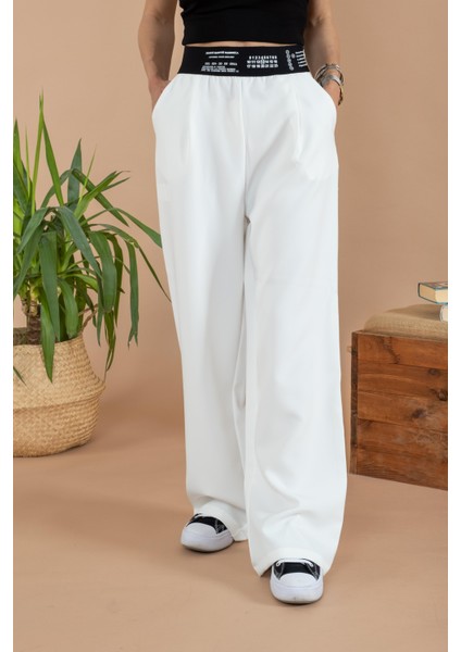 Beyaz Kadın Beli Yazı Detaylı Pantolon fiyatları