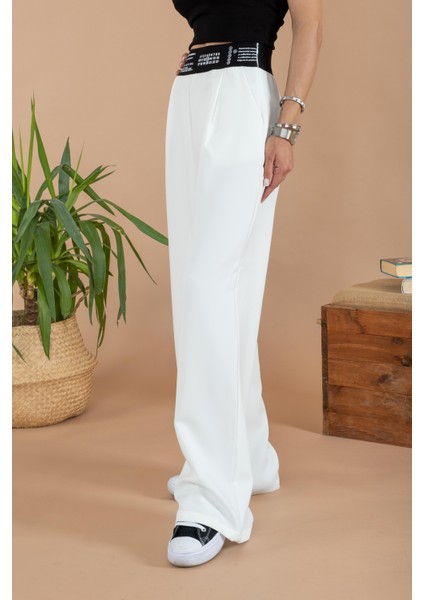 Beyaz Kadın Beli Yazı Detaylı Pantolon modelleri