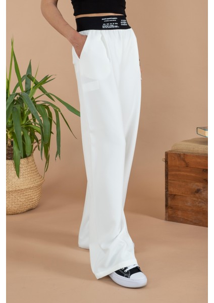 Beyaz Kadın Beli Yazı Detaylı Pantolon fırsatları