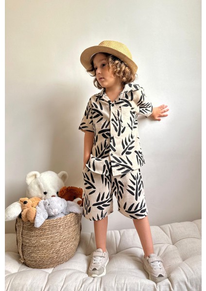 Yigit Butik Desenli Keten Gömlek Şortlu Erkek Çocuk Takım