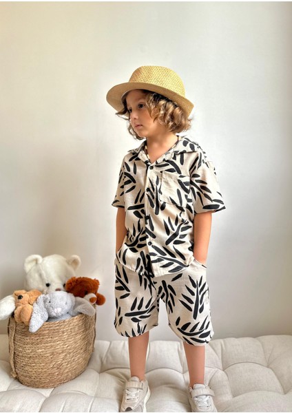 Yigit Butik Desenli Keten Gömlek Şortlu Erkek Çocuk Takım