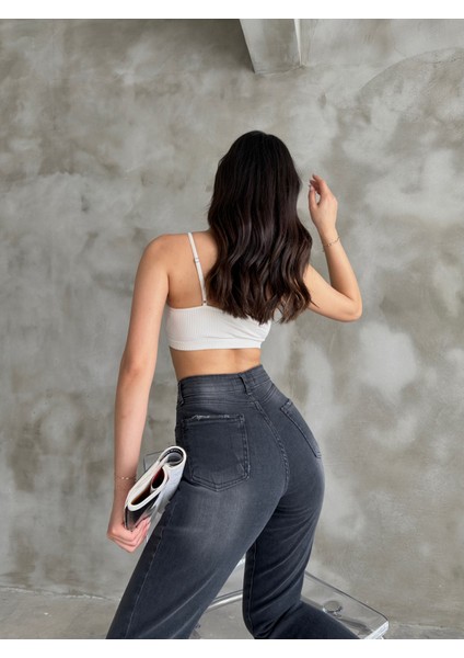Denim Kumaş Antasit Yıkamalı Yüksek Bel Slim Mom Jeans modelleri