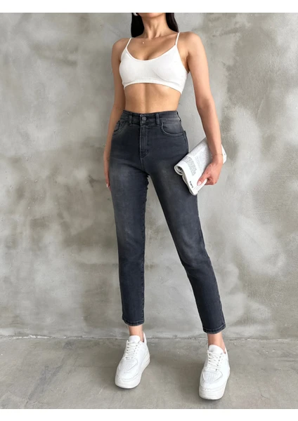 Likrasız Denim Kumaş Siyah Yüksek Bel Slim Mom Jeans