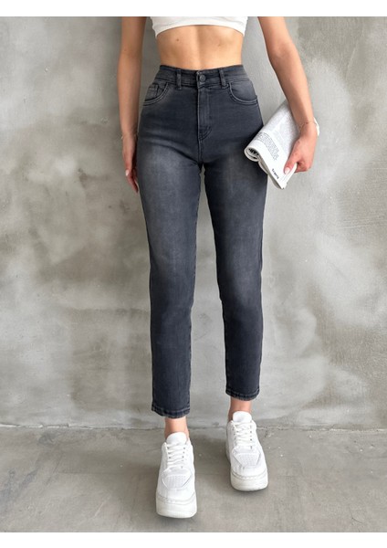 Likrasız Denim Kumaş Siyah Yüksek Bel Slim Mom Jeans