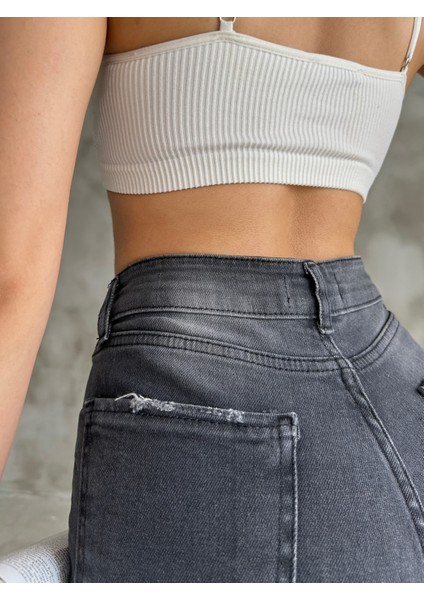 Likrasız Denim Kumaş Siyah Yüksek Bel Slim Mom Jeans