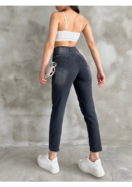 Likrasız Denim Kumaş Siyah Yüksek Bel Slim Mom Jeans