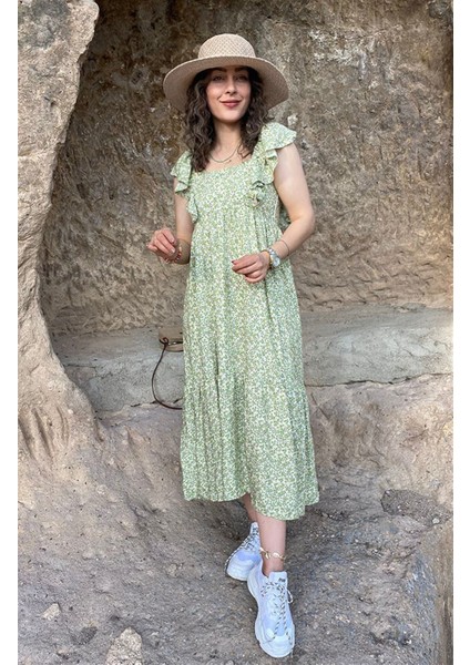 Nancy Yeşil Çiçek Desenli Elbise