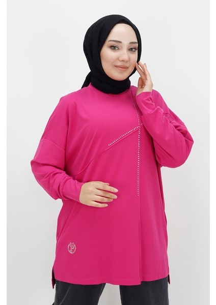 10469 Viskon Kumaş Önü Taşlı Tesettür Tunik