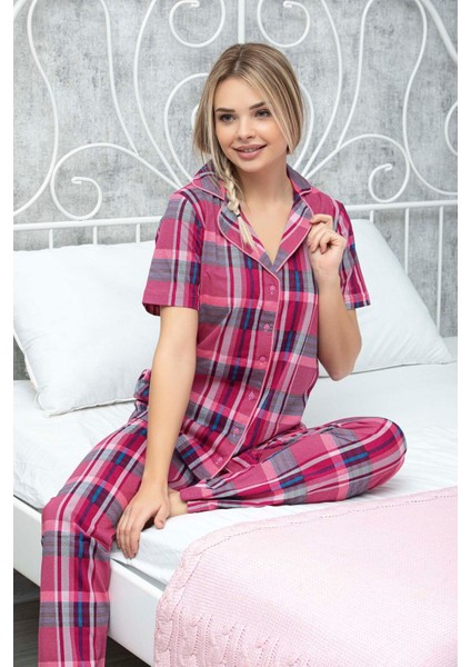 Aydoğan Kadın Boydan Düğmeli Ekose Desenli Kısa Kollu Pijama Takımı