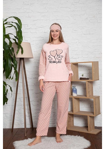 Kadın Dream Big Nakışlı Wellsoft Peluş Pijama Takımı Somon