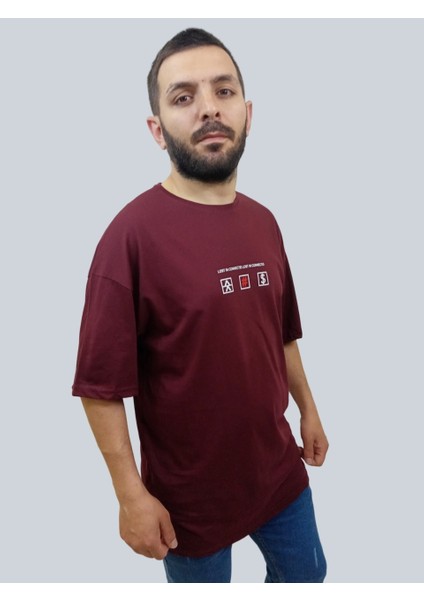 Erkek Lost Oversize Bisiklet Yaka Bordo Tişört