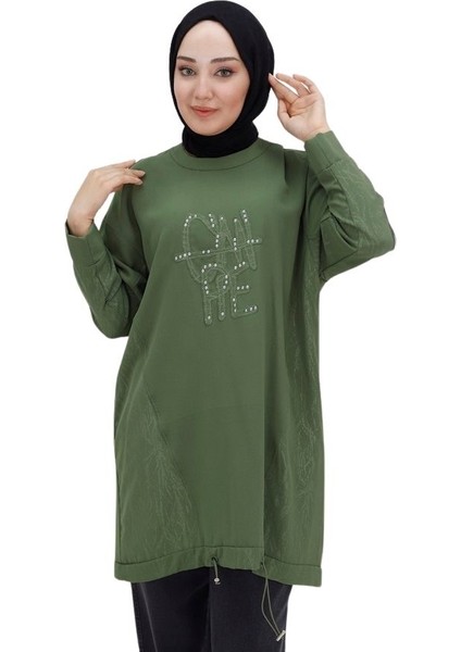 10442 Aerobin Kumaş Jakar Desenli Beli Lastikli Tesettür Tunik